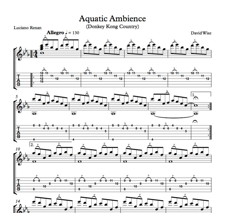 Aquatic Ambience (Donkey Kong Country) - Classical Guitar Arrangement by  Luciano Renan (Tab + Sheet Music) | Luciano Renan | Official Website